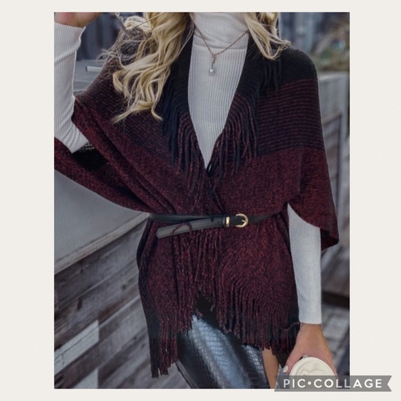 JUST IN! NEW Brand New Black & Burgundy/Purple Wrap Fringe Sweater - Picture 1 of 9